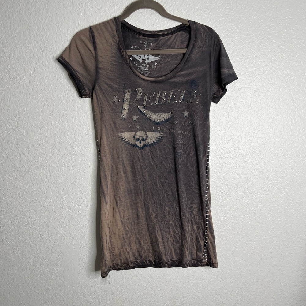 Affliction Skull Studded and Lace Up Side Grey Toned Top Medium